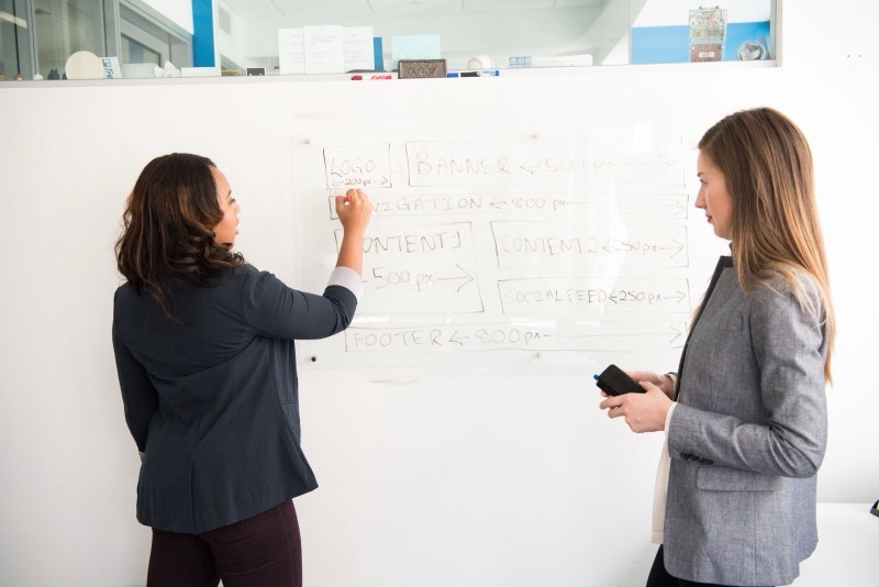 Deux femmes dessinant une maquette d'écran d'application sur un tableau blanc